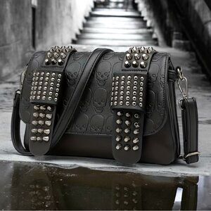 🆕 Punk Embossed Skull Rivet Shoulder Crossbody Messenger Bag - Casual Commuter